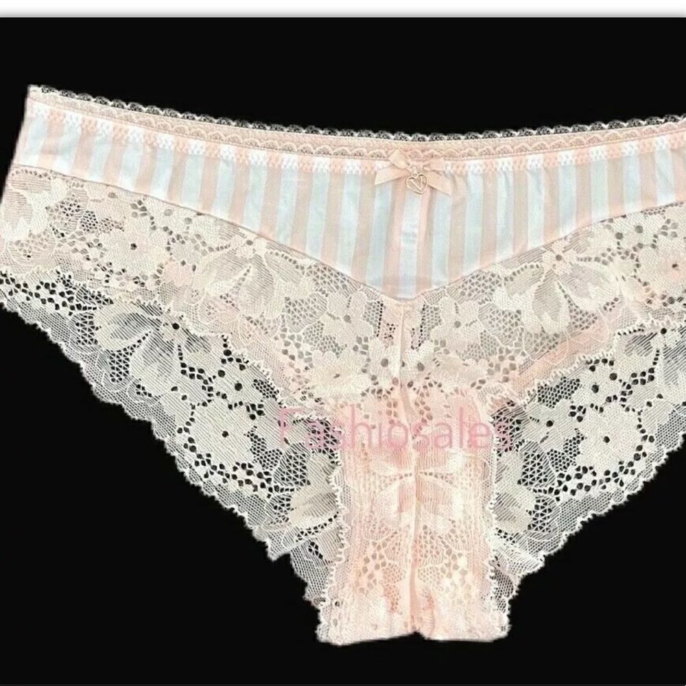Victorias Secret Body Supersoft Satiny Striped Lace waist Hiphugger panty Pink